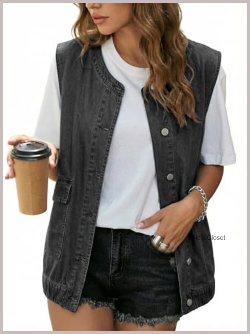 Womens Denim Vest, Sleeveless Button Down Jean Vest, Casual Cotton, Two Pockets